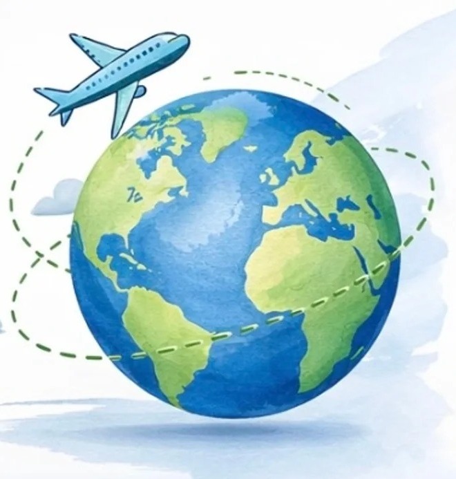 Watercolour globe circled by a small plane